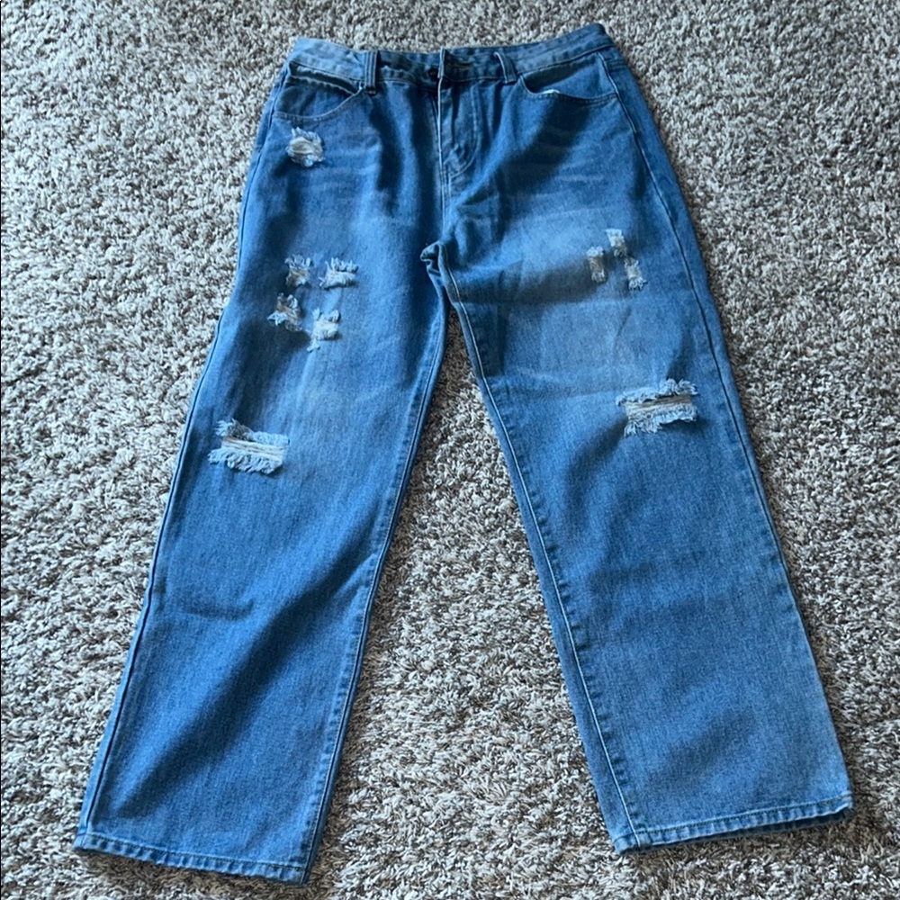 Blue Flare Wide Leg Jeans with Distressed Details